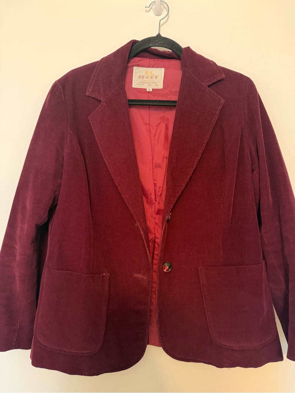 Vintage F.M. Sport Women’s 12 Burgundy Corduroy Blazer Made in Japan 70s 80s